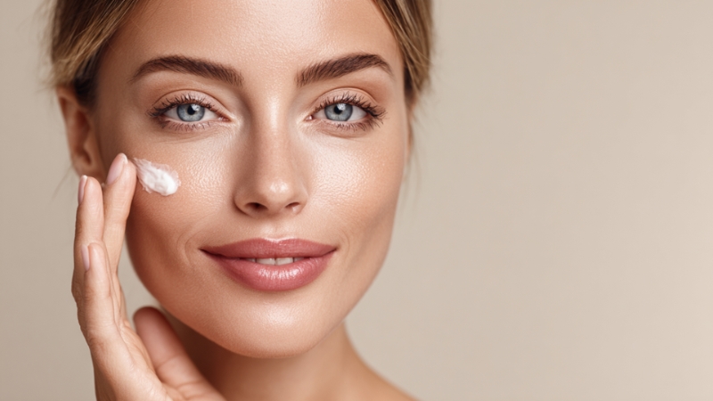 Žena nanosi kremu na obraz, sa čistom i negovanom kožom lica u krupnom planu