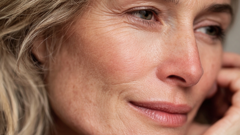 Krupan kadar lica zrele žene sa blagim borama i prirodnim tenom