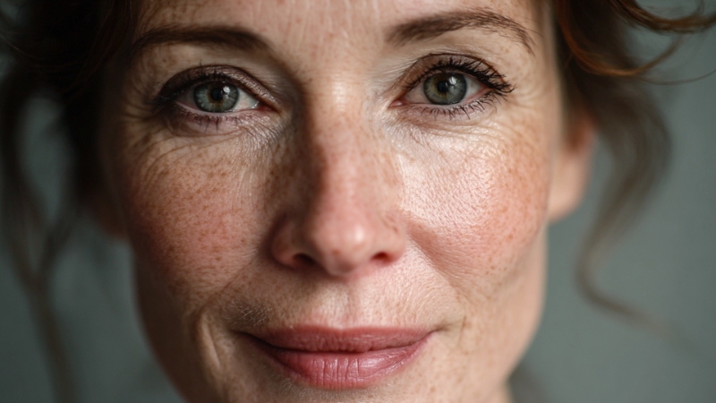 Portret žene sa pegicama i vidljivim borama, prirodnog izraza lica u krupnom planu