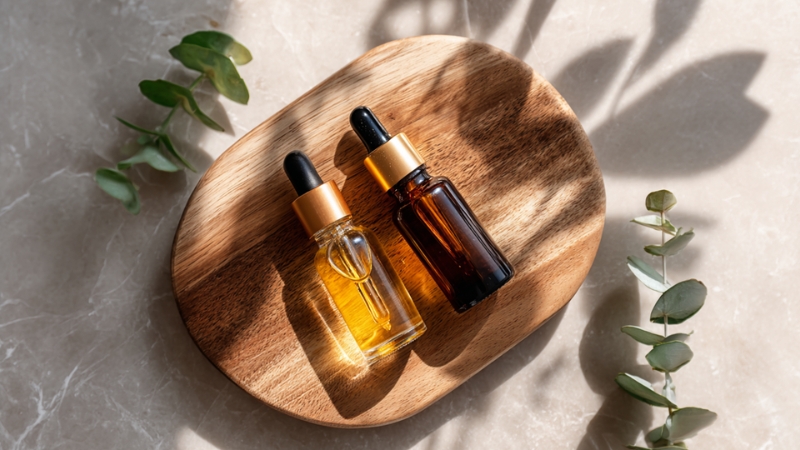 Dve bočice seruma sa pipetom stoje na drvenoj podlozi, osvetljene prirodnim svetlom