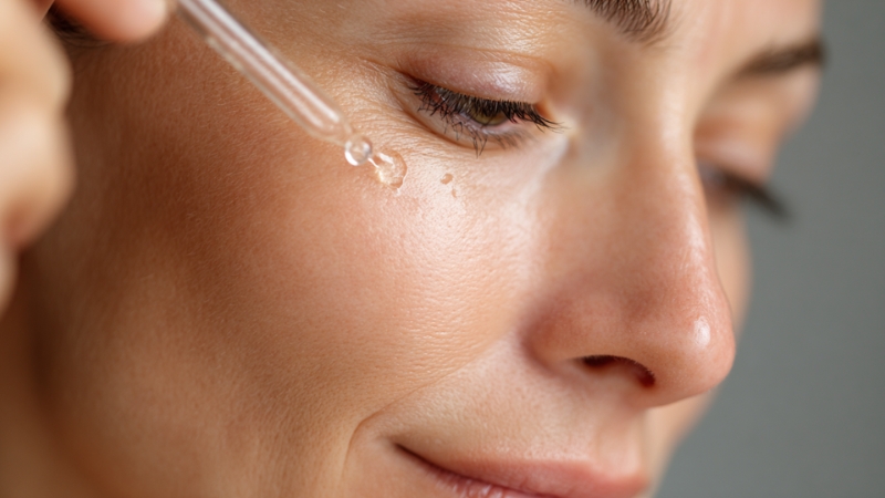 Žena pipetom nanosi hidrantni serum na lice