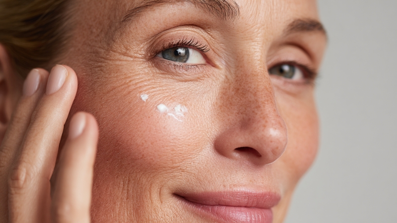 Žena nanosi kremu na područje oko očiju, sa vidljivim finim borama i prirodnim tenom