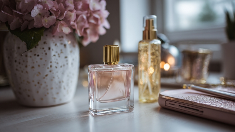 Parfem i mirisna vodica na toaletnom stolu, u staklenim bočicama sa zlatnim detaljima, pored cveća