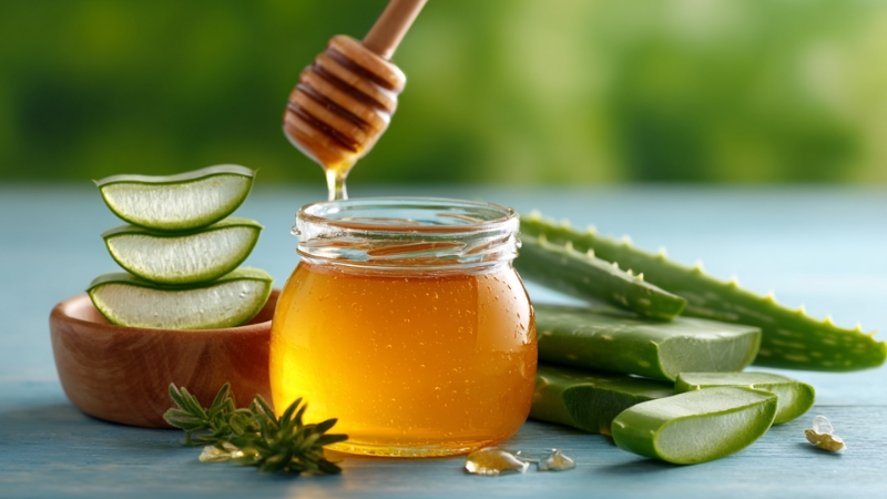 Tegla meda sa kašikom, kriške krastavca i list aloe vere na stolu sa zelenom pozadinom