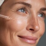 Žena nanosi serum pipetom na lice, sa peškirom oko kose i blistavom kožom