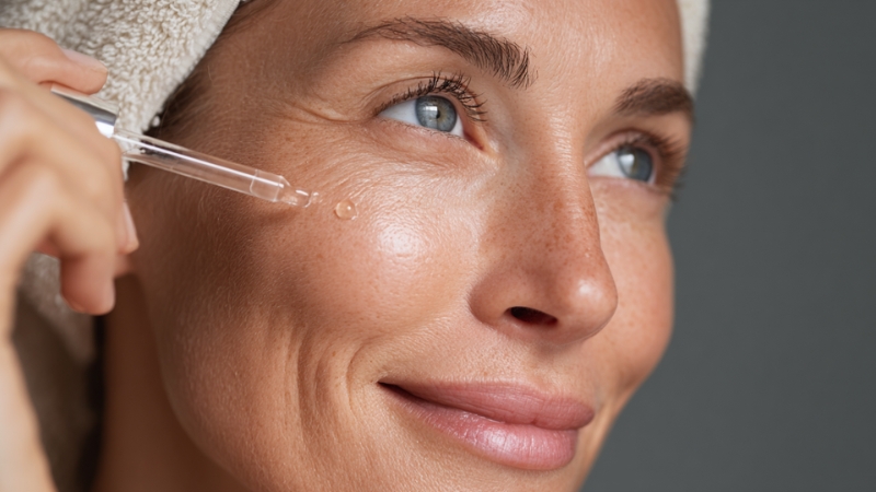 Žena nanosi serum pipetom na lice, sa peškirom oko kose i blistavom kožom