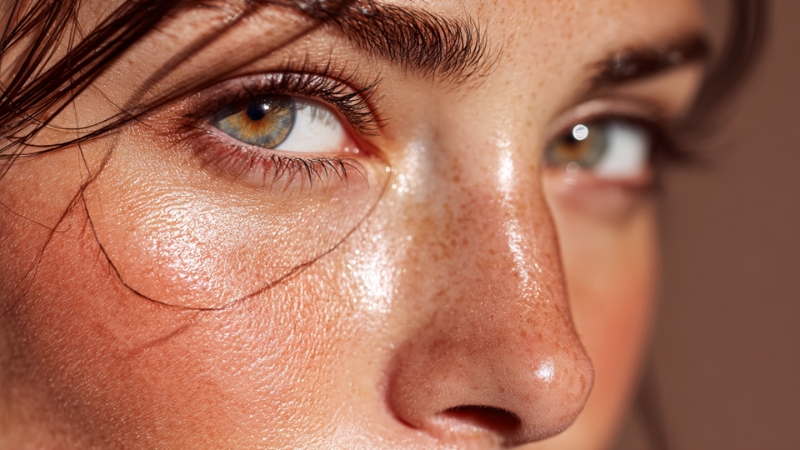 Krupan kadar ženskog lica sa sjajnom, hidriranom kožom i vidljivim pegicama na nosu i obrazima