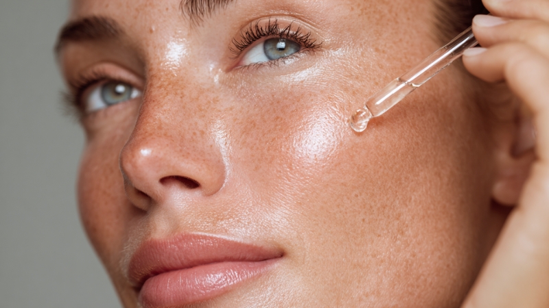 Žena nanosi serum pipetom na obraze, sa vidljivo hidriranom i blistavom kožom